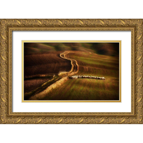 Crossing The Fields Gold Ornate Wood Framed Art Print with Double Matting by Svoboda Mqep, Peter