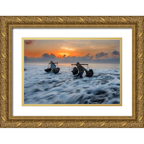 Collecting Seawater Gold Ornate Wood Framed Art Print with Double Matting by Raja, Pradeep