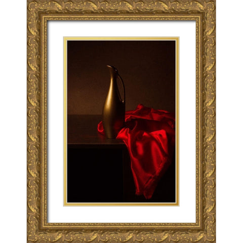 Still Life With Red Cloth Gold Ornate Wood Framed Art Print with Double Matting by Magnola