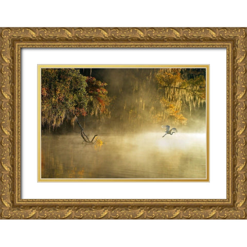 Egret Gold Ornate Wood Framed Art Print with Double Matting by Zhu, Hua