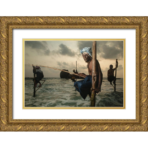 The Stilt Fisherman. Gold Ornate Wood Framed Art Print with Double Matting by Bruno, Giacomo