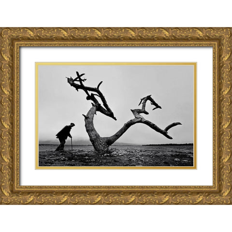 Old Man And Tree Gold Ornate Wood Framed Art Print with Double Matting by Tang, Wei