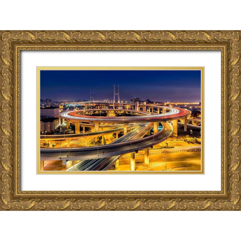 Nanpu Bridge Gold Ornate Wood Framed Art Print with Double Matting by Zhu, Hua