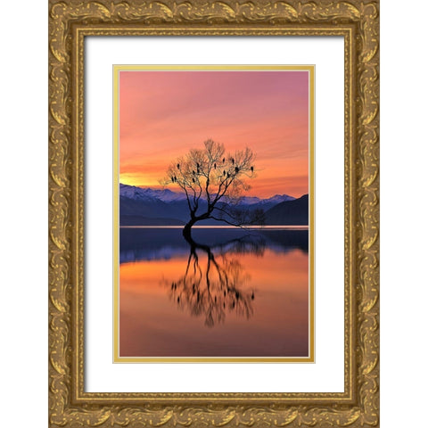 Lone Tree Is Not Lonely Gold Ornate Wood Framed Art Print with Double Matting by Xu, Mei