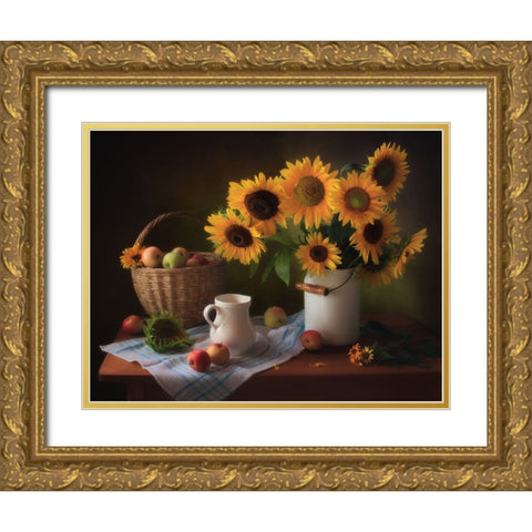 Still Life With Sunflowers Gold Ornate Wood Framed Art Print with Double Matting by Skorokhod, Tatyana