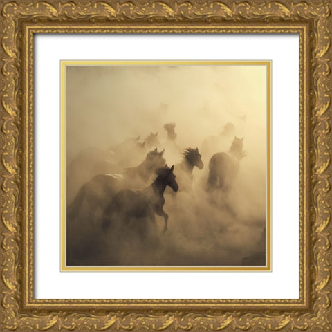 Migration Of Horses Gold Ornate Wood Framed Art Print with Double Matting by Taskin, Huseyin