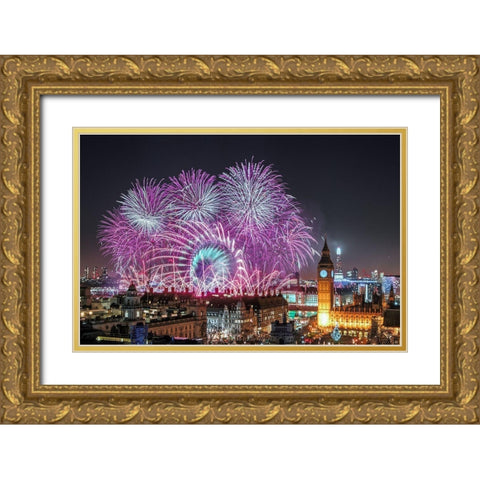 New Year Fireworks Gold Ornate Wood Framed Art Print with Double Matting by Marsden, Stewart