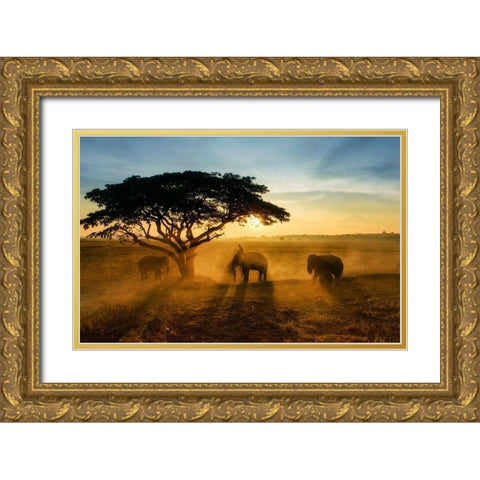 Morning Elephant Home Town Gold Ornate Wood Framed Art Print with Double Matting by Whanset, Saravut