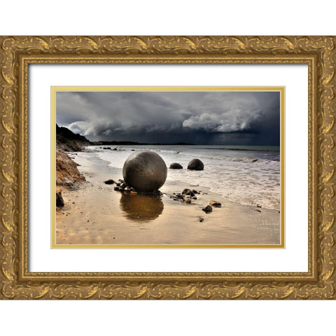Moeraki Round Boulders Gold Ornate Wood Framed Art Print with Double Matting by Tzur, Yair