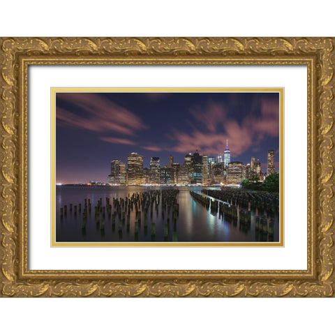 New York City At Night Gold Ornate Wood Framed Art Print with Double Matting by Li, Austin