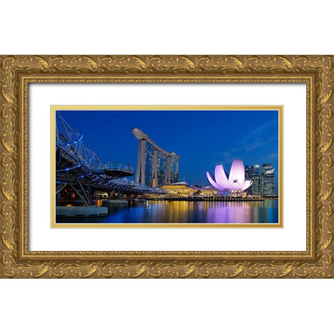 Marina Sands Bay - Blue Hour Gold Ornate Wood Framed Art Print with Double Matting by Gavra, Assaf