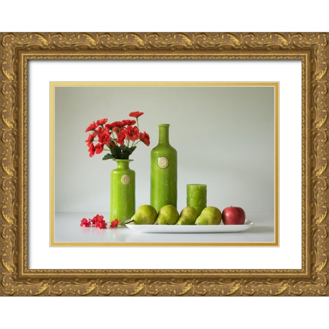 Red And Green With Apple And Pears Gold Ornate Wood Framed Art Print with Double Matting by Hammer, Jacqueline