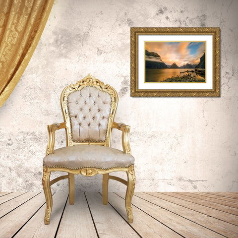 Milford Sound Gold Ornate Wood Framed Art Print with Double Matting by Zhu, Hua