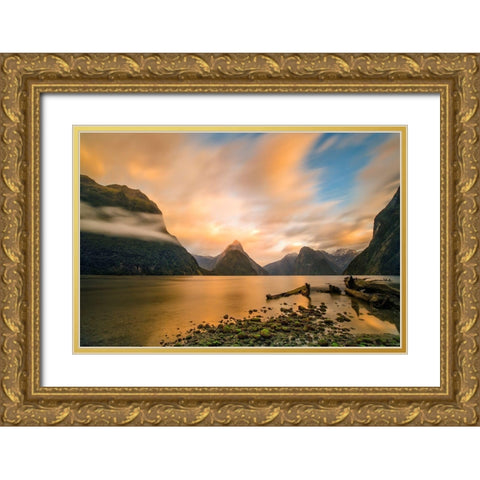 Milford Sound Gold Ornate Wood Framed Art Print with Double Matting by Zhu, Hua