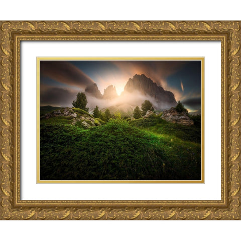 Dolomia Sunset Gold Ornate Wood Framed Art Print with Double Matting by Rebustini, Luca