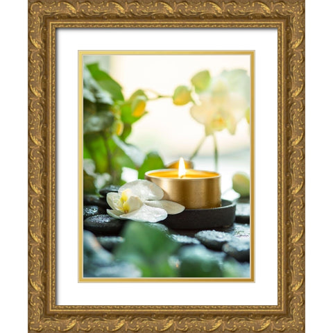 Zen Orchid And Candle Gold Ornate Wood Framed Art Print with Double Matting by Bsmart