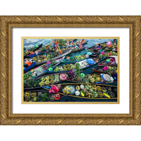Banjarmasin Floating Market Gold Ornate Wood Framed Art Print with Double Matting by Maududdin, Fauzan