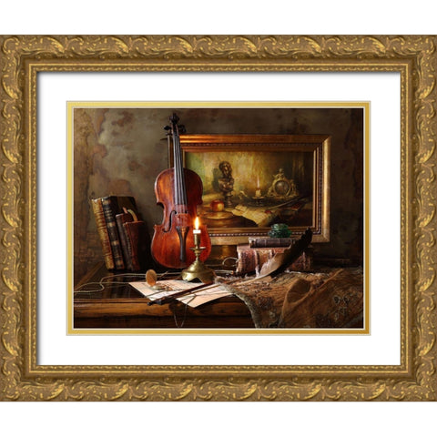 Still Life With Violin And Painting Gold Ornate Wood Framed Art Print with Double Matting by Morozov, Andrey