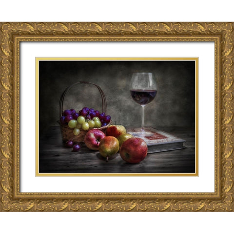 Wine-Fruit And Reading. Gold Ornate Wood Framed Art Print with Double Matting by Osuna, Fran