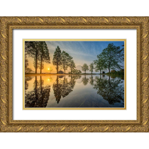 Mount Fuji Reflected In Lake -Japan Gold Ornate Wood Framed Art Print with Double Matting by Whanset, Chanwit