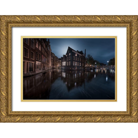 The House Under The Moonlight Gold Ornate Wood Framed Art Print with Double Matting by De La, Javier