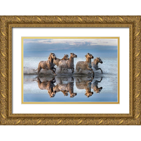 Horses And Reflection Gold Ornate Wood Framed Art Print with Double Matting by Ortega, Xavier