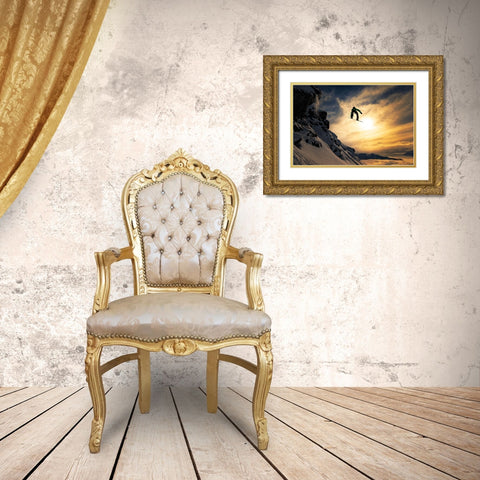 Sunset Snowboarding Gold Ornate Wood Framed Art Print with Double Matting by Sanne, Jakob