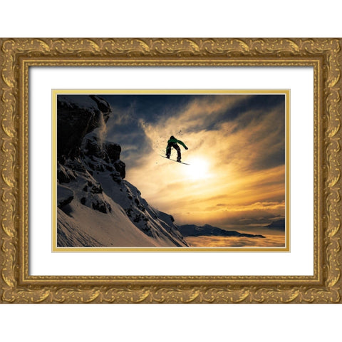 Sunset Snowboarding Gold Ornate Wood Framed Art Print with Double Matting by Sanne, Jakob
