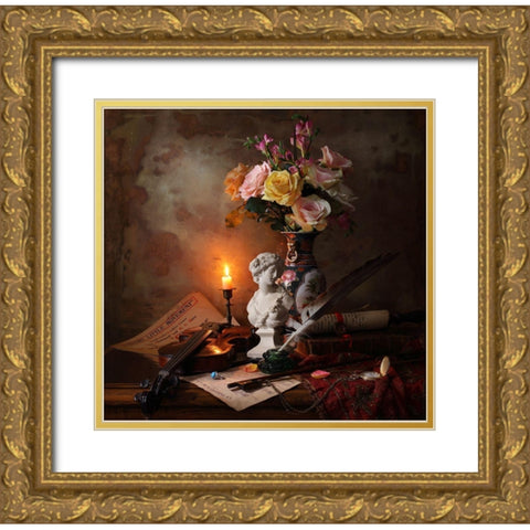Still Life With Bust And Flowers Gold Ornate Wood Framed Art Print with Double Matting by Morozov, Andrey
