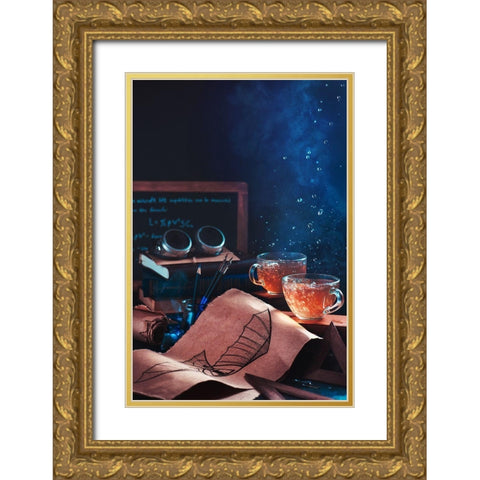 Steampunk Tea (With Goggles And Blueprints) Gold Ornate Wood Framed Art Print with Double Matting by Belenko, Dina
