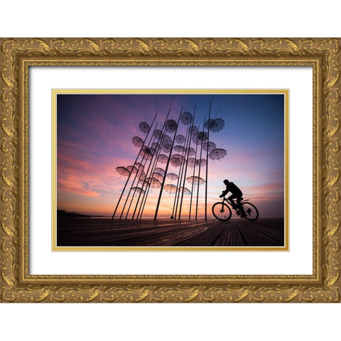 Umbrellas Gold Ornate Wood Framed Art Print with Double Matting by Karakaya, Melih