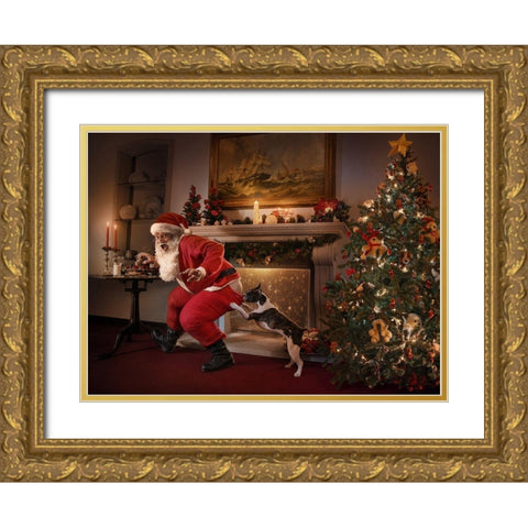 Santa Was Caught! Gold Ornate Wood Framed Art Print with Double Matting by DDiArte