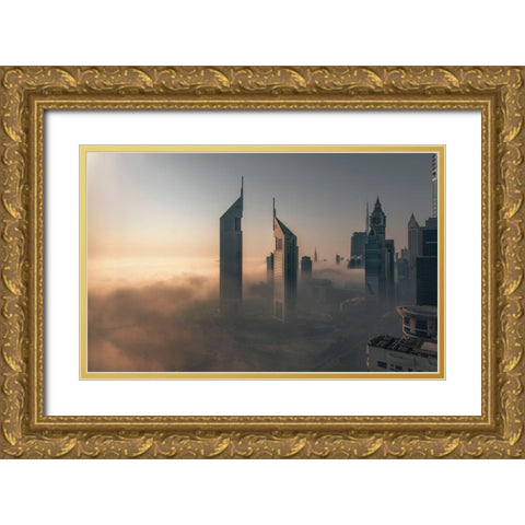 Fog Lockdown On The City Of Steel Gold Ornate Wood Framed Art Print with Double Matting by Huang, Stan