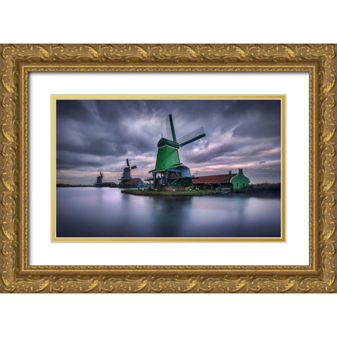 The Green Windmill Gold Ornate Wood Framed Art Print with Double Matting by M. Garcia, Jesus