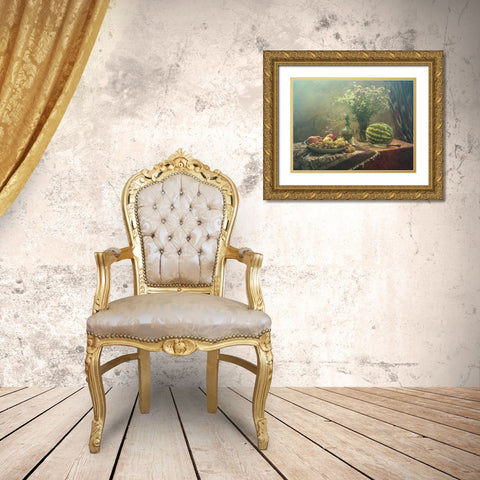 Still Life With Watermelon And Fruit Gold Ornate Wood Framed Art Print with Double Matting by Ustinagreen