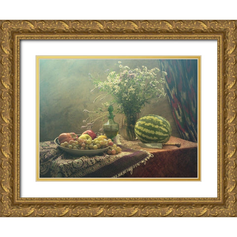 Still Life With Watermelon And Fruit Gold Ornate Wood Framed Art Print with Double Matting by Ustinagreen