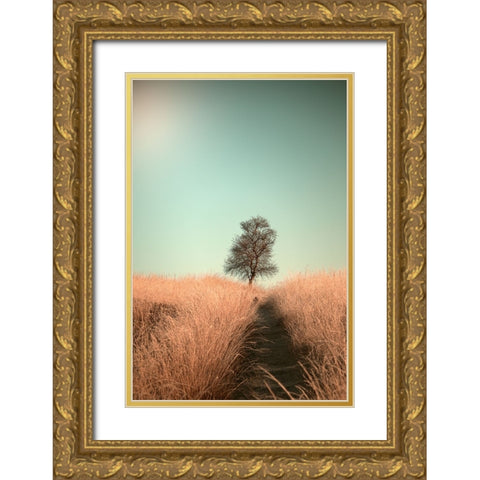 Grass And Path Gold Ornate Wood Framed Art Print with Double Matting by van den, Jaap