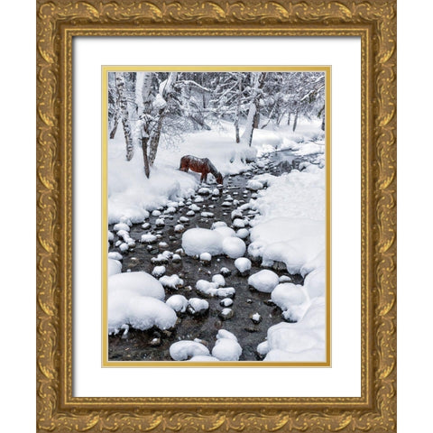 Drinking In Snow Gold Ornate Wood Framed Art Print with Double Matting by Zhu, Hua
