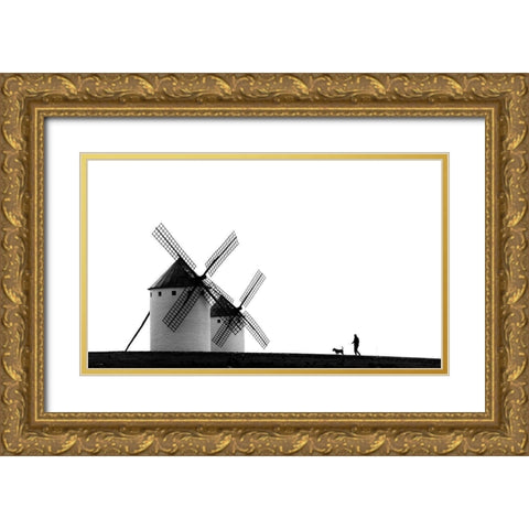The Man-The Dog And The Windmills Gold Ornate Wood Framed Art Print with Double Matting by Antonio Pardo, J.