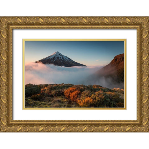 Mt Taranaki Gold Ornate Wood Framed Art Print with Double Matting by Schaarschmidt, Christoph