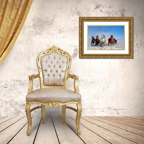 Mongolia Horses Gold Ornate Wood Framed Art Print with Double Matting by Zhang, Libby