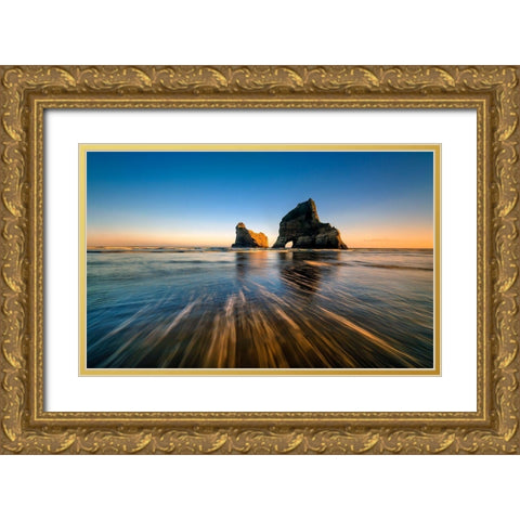 Wharaiki Beach Gold Ornate Wood Framed Art Print with Double Matting by Zhu, Hua