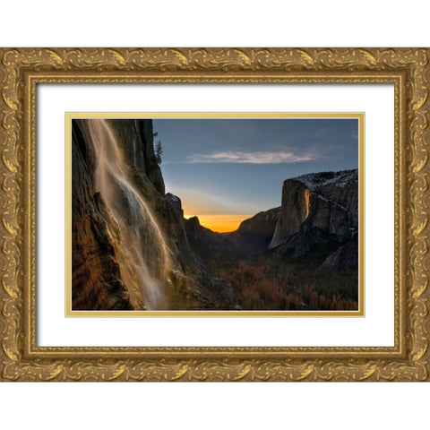 Yosemite Firefall Gold Ornate Wood Framed Art Print with Double Matting by Zhu, Hua