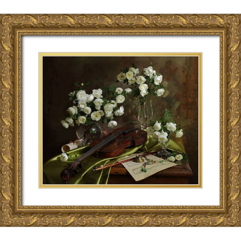 Still Life With Violin And Flowers Gold Ornate Wood Framed Art Print with Double Matting by Morozov, Andrey