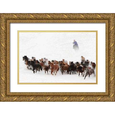 Horse Run In The Snow Gold Ornate Wood Framed Art Print with Double Matting by Wong, Adam