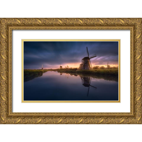 Kinderdijk Windmills Gold Ornate Wood Framed Art Print with Double Matting by M. Garcia, Jesus