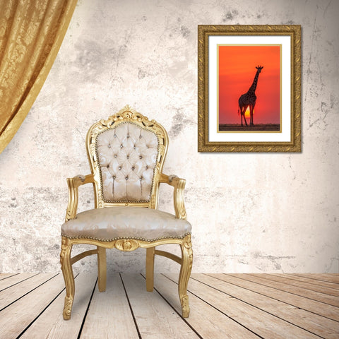 Sunset Giraffe Gold Ornate Wood Framed Art Print with Double Matting by Zhao, Henry