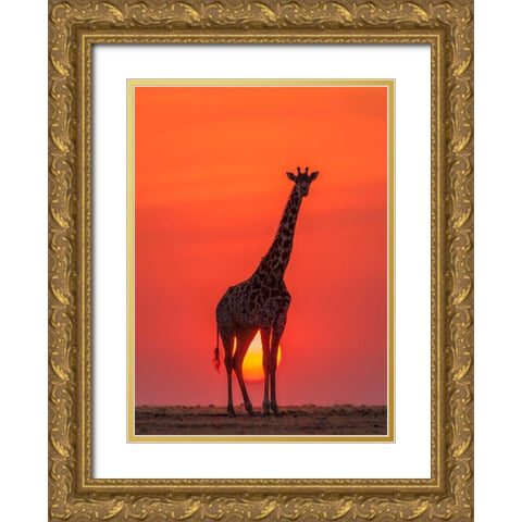 Sunset Giraffe Gold Ornate Wood Framed Art Print with Double Matting by Zhao, Henry