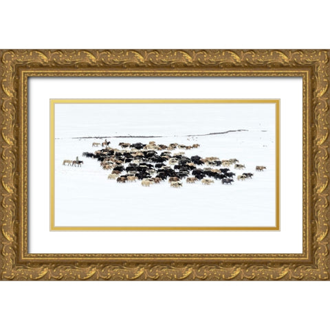 Yaks In Snow Gold Ornate Wood Framed Art Print with Double Matting by Zhu, Hua