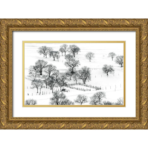 Bashang Winter Gold Ornate Wood Framed Art Print with Double Matting by Zhu, Hua